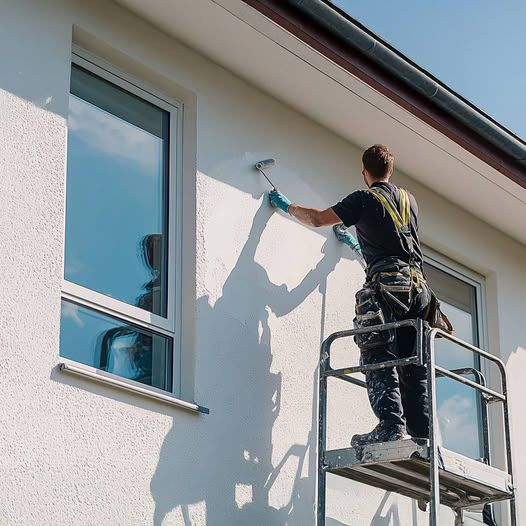 https://s.mj.run/CJja6CUm-TA A man painting the exterior of his house with white paint, standing on top of an elevated platform to reach high places. He is holding onto one side and using roller brushes or paint to cover the wall in a smooth color without any bubbles or air pockets. The windows have new frames and glass panels, creating a clean look for the home. A bright sunny day adds lightness to the scene. --ar 3:2 --quality 2 --v 6.1 Job ID: 4f6ac2b0-ad67-43d3-87f5-28b50d4abe6f